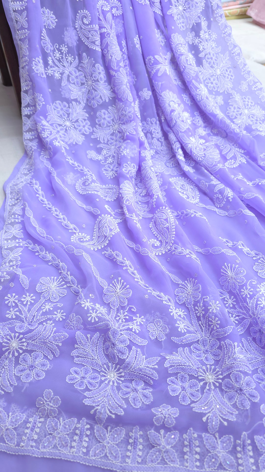 Pearl Chikankari Saree on Faux Georgette with Matching Blouse | Hand Embroidered Lucknowi Saree | Paridhan Chikan Heritage Collection