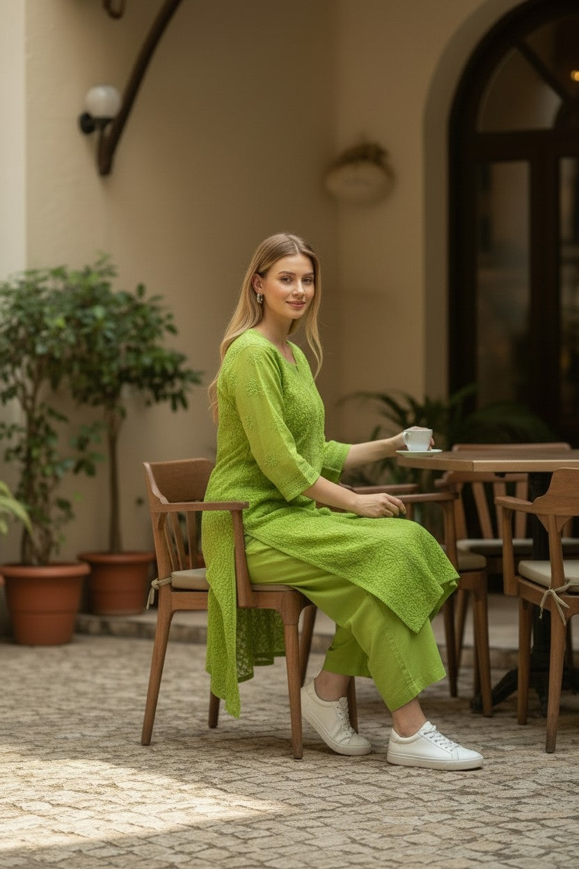 Cotton Chanderi chikankari long kurti