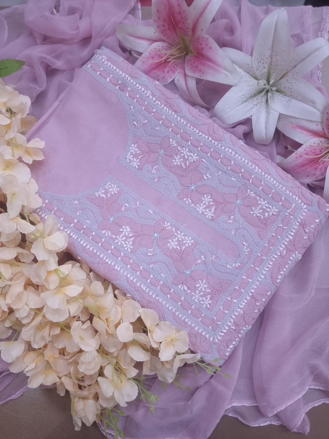 Lucknow Chikankari Hand Embroidered Cotton Dress Material with Tri-Color Motifs & Pure Chiffon Dupatta