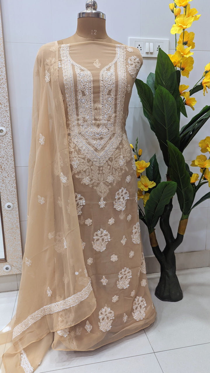 "Paridhan Chikan Georgette Lucknowi Chikankari Unstitched Suit Set – Hand Embroidered Kurta, Bottom & Dupatta for Women"