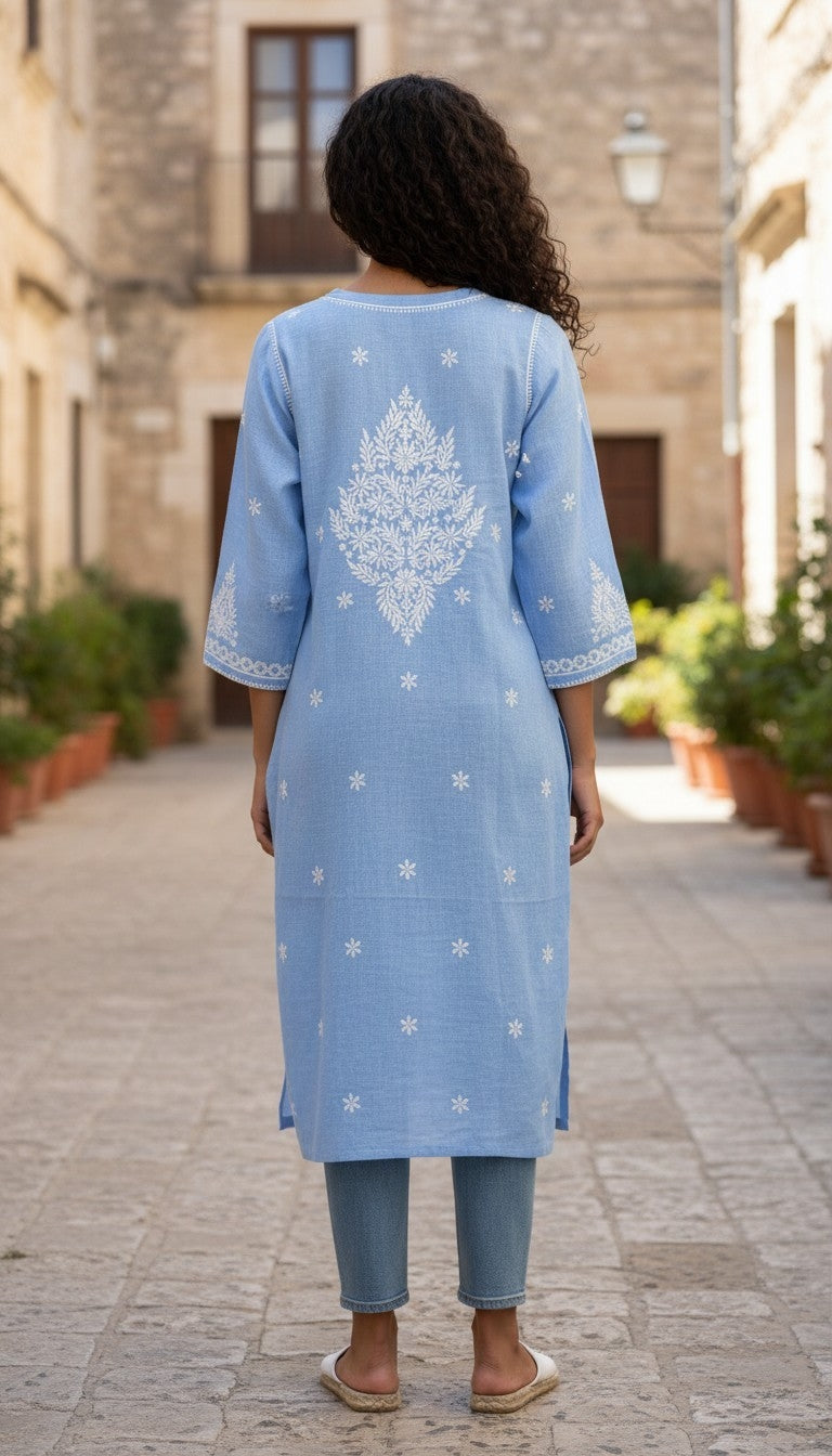 Hand Embroidery Chikankari Linen Kurti - Light Blue