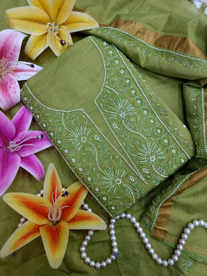 Soft Tissue Chikankari Unstitched Dress Material | 3 Taar Hand Embroidery with Pearl & Cutdana Work + Golden Border Dupatta