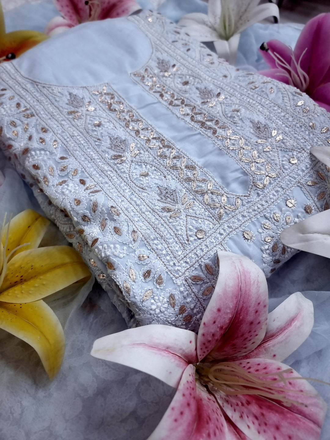 Powder Blue Unstitched Soft Cotton Chikankari Suit Set – Aari, Kasab & Gotta Patti Embellished with Pure Chiffon Dupatta