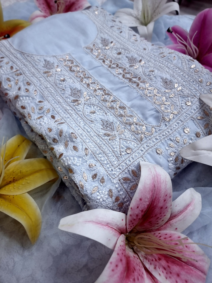 Powder Blue Unstitched Soft Cotton Chikankari Suit Set – Aari, Kasab & Gotta Patti Embellished with Pure Chiffon Dupatta