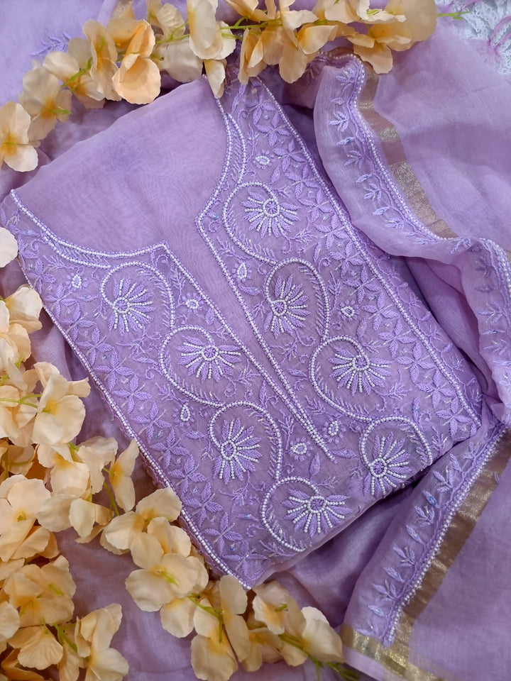 Premium Mul Chanderi Supersoft Dyeable Chikankari Dress Material | Hand Embroidered with Pearls & Cutdaana | Kurta & Dupatta Set