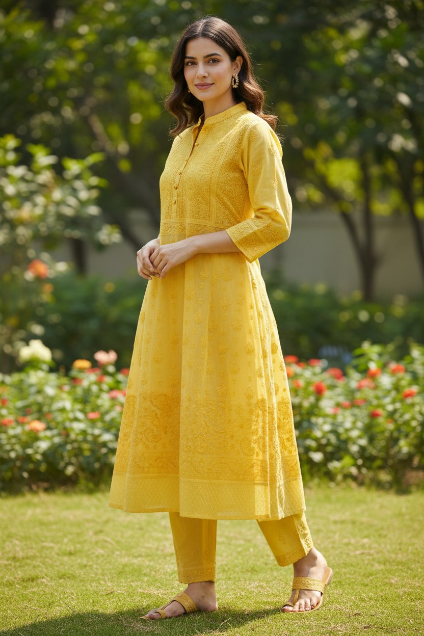 Cotton Lucknowi Chikankari 46" Long A-line Kurti | 100% Hand Embroidered| No Shrinkage