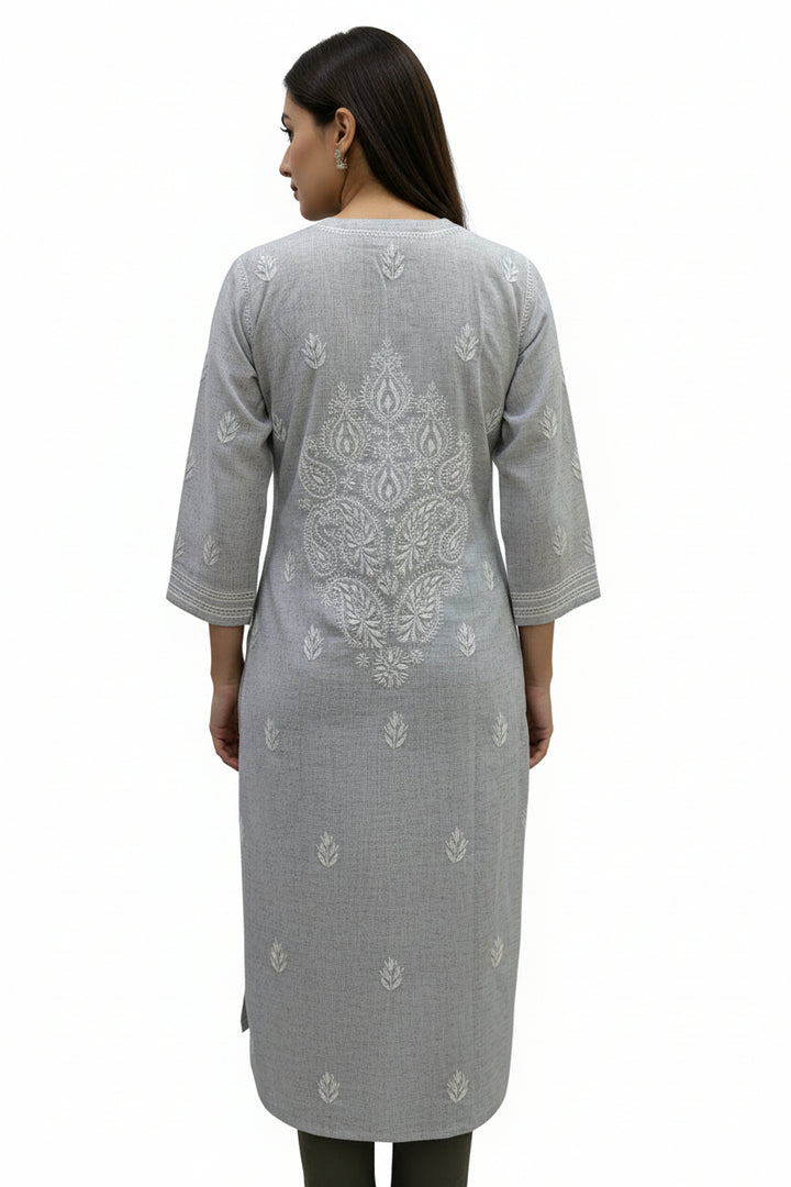 Pure Cotton Linen Lucknowi Chikankari Long Kurti | 100% Hand Embroidered | Non-Transparent | No Shrinkage