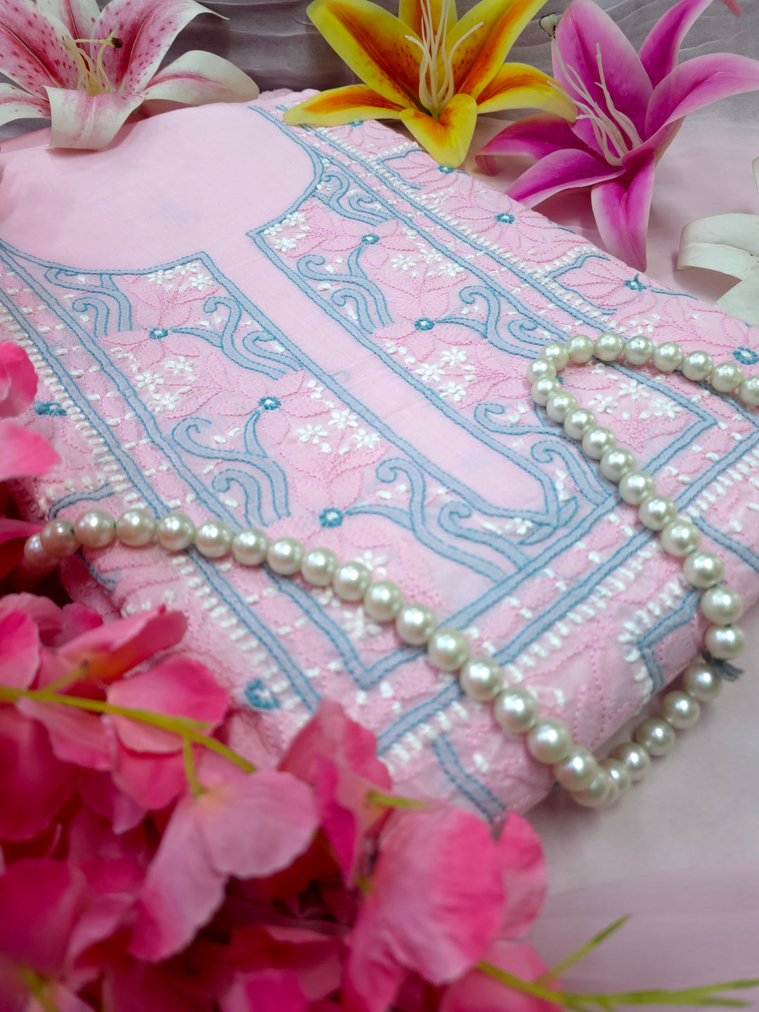 Lucknow Chikankari Hand Embroidered Cotton Dress Material with Tri-Color Motifs & Pure Chiffon Dupatta