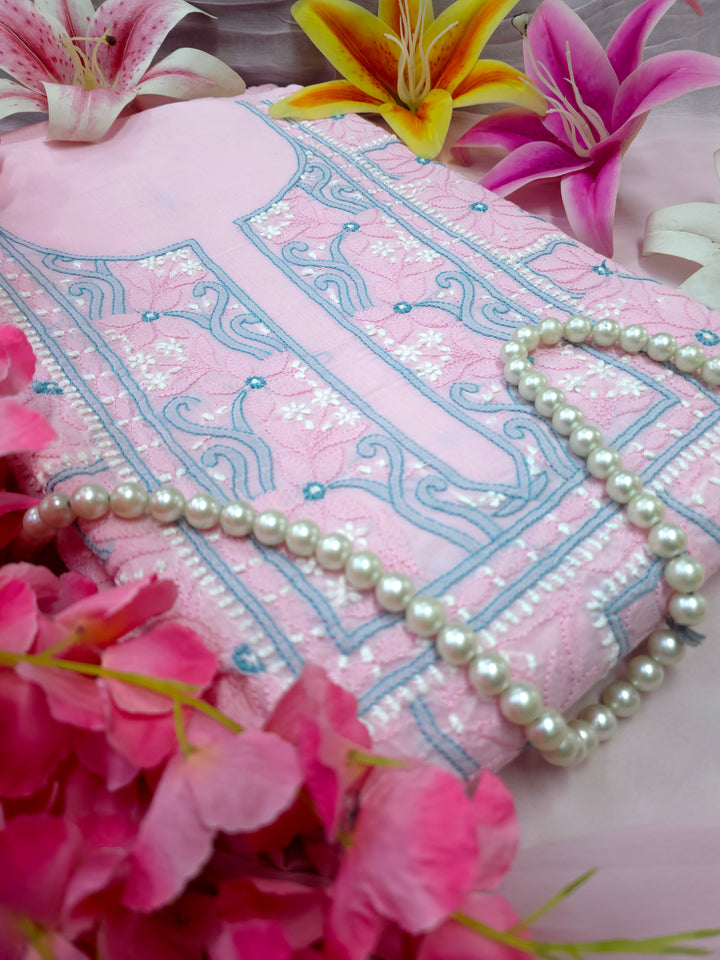 Lucknow Chikankari Hand Embroidered Cotton Dress Material with Tri-Color Motifs & Pure Chiffon Dupatta
