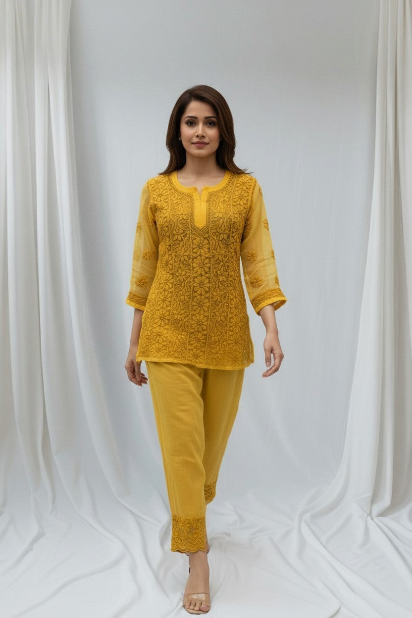 Siya Premium Faux Georgette Chikankari short  Top |28" approx long/Lucknow Hand Embroidery  | Paridhan Chikan