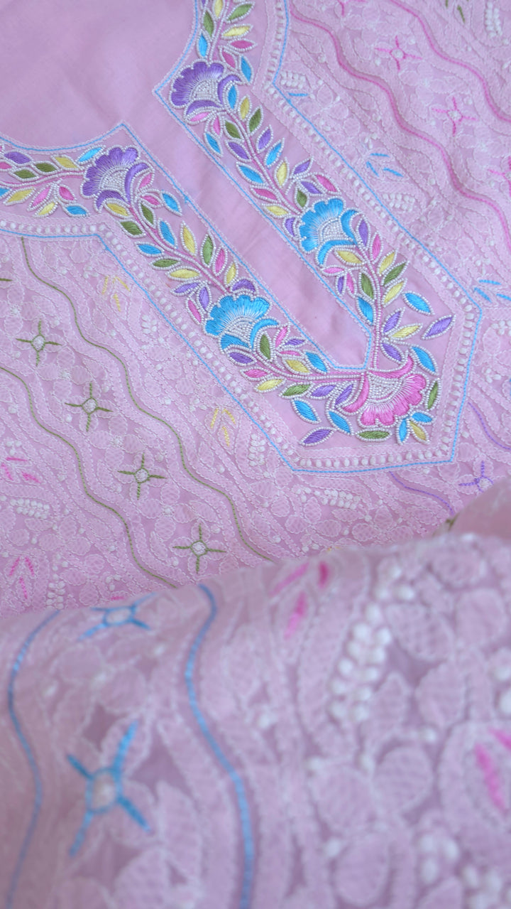 Cotton Resham Neckline chikankari dress material- Pink