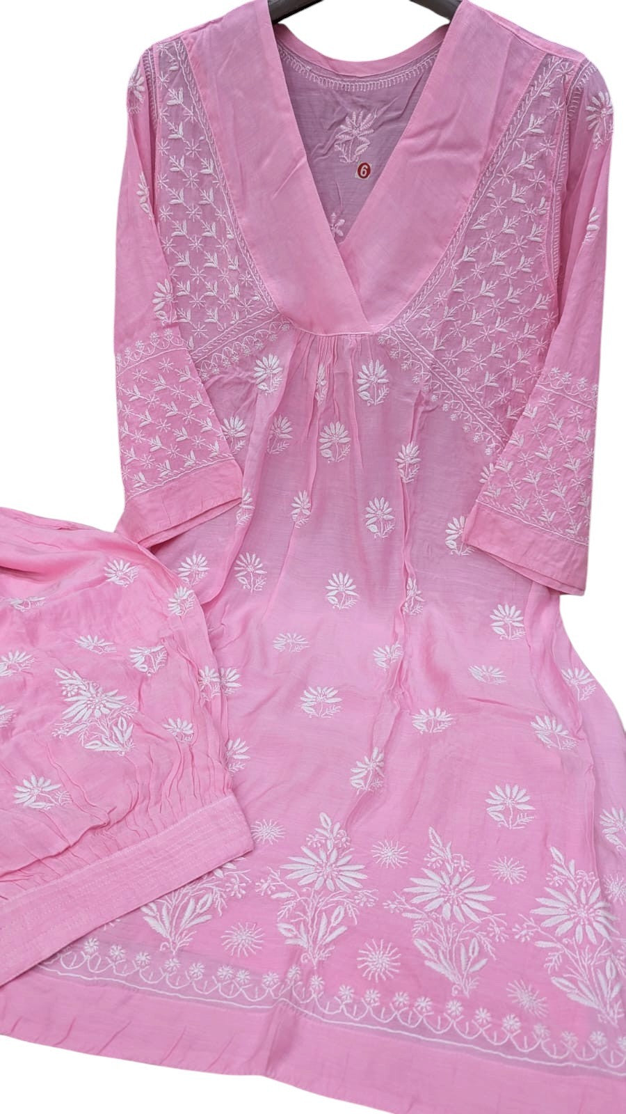 Luxe-Pure muslin luxurious kurti afgani pants set with *2 taar chikankari work*