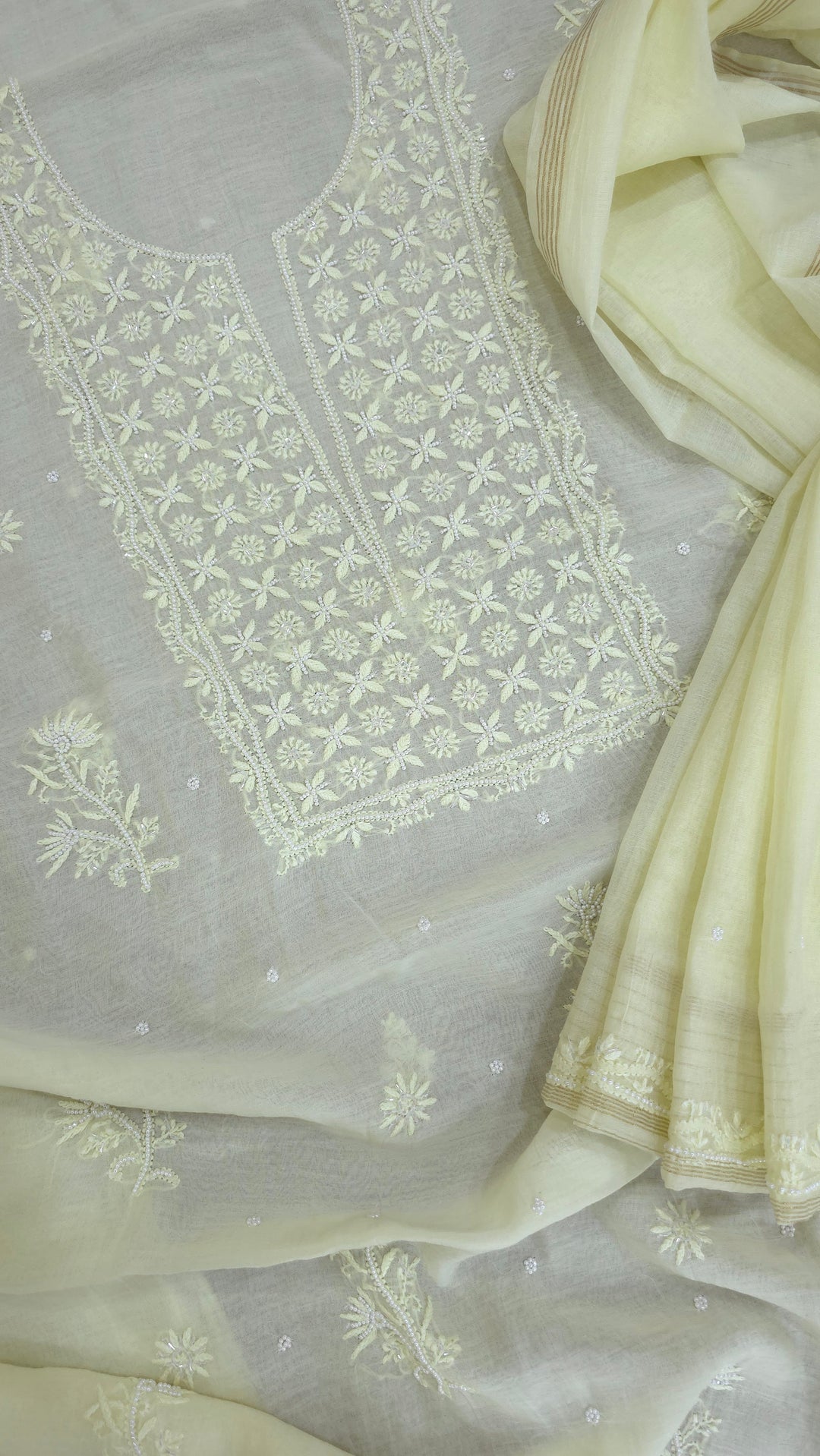 Hiba Premium Mul Chanderi Supersoft Dyeable Chikankari Dress Material | Hand Embroidered with Pearls & Cutdaana | Kurta & Dupatta Set