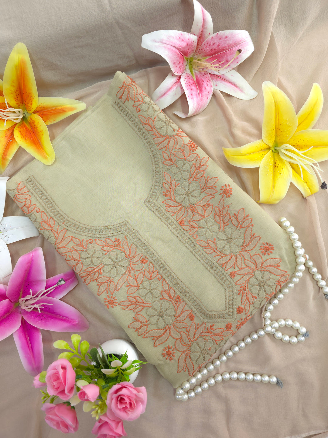 Paridhan Chikan Premium Cool Cotton Chikankari Dress Material Set with Hand Embroidered Kurta, Bottom & Chiffon Dupatta with Handmade Crochet Border