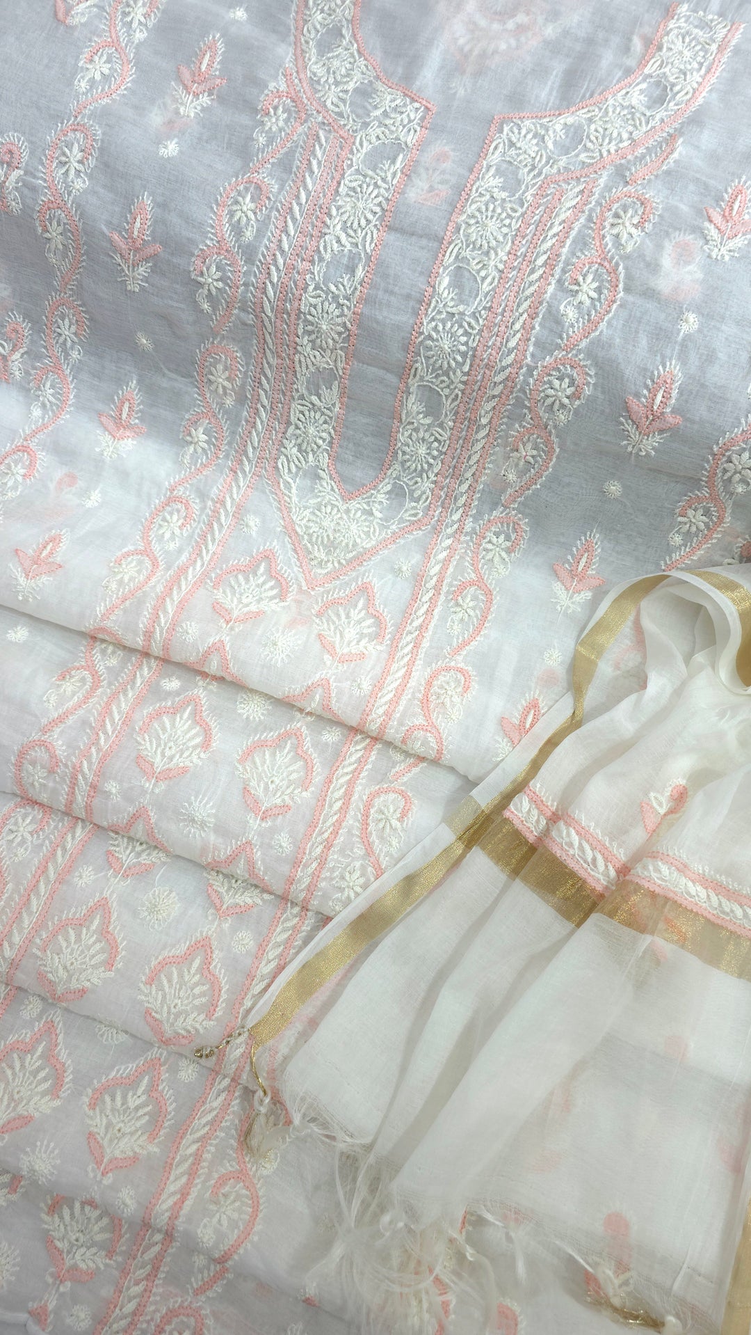 Pure Mul Chanderi 2 Taar Hand Embroidered Chikankari Unstitched Kurta (3 M) with Dupatta (2.5 M) – Lucknowi Festive Collection