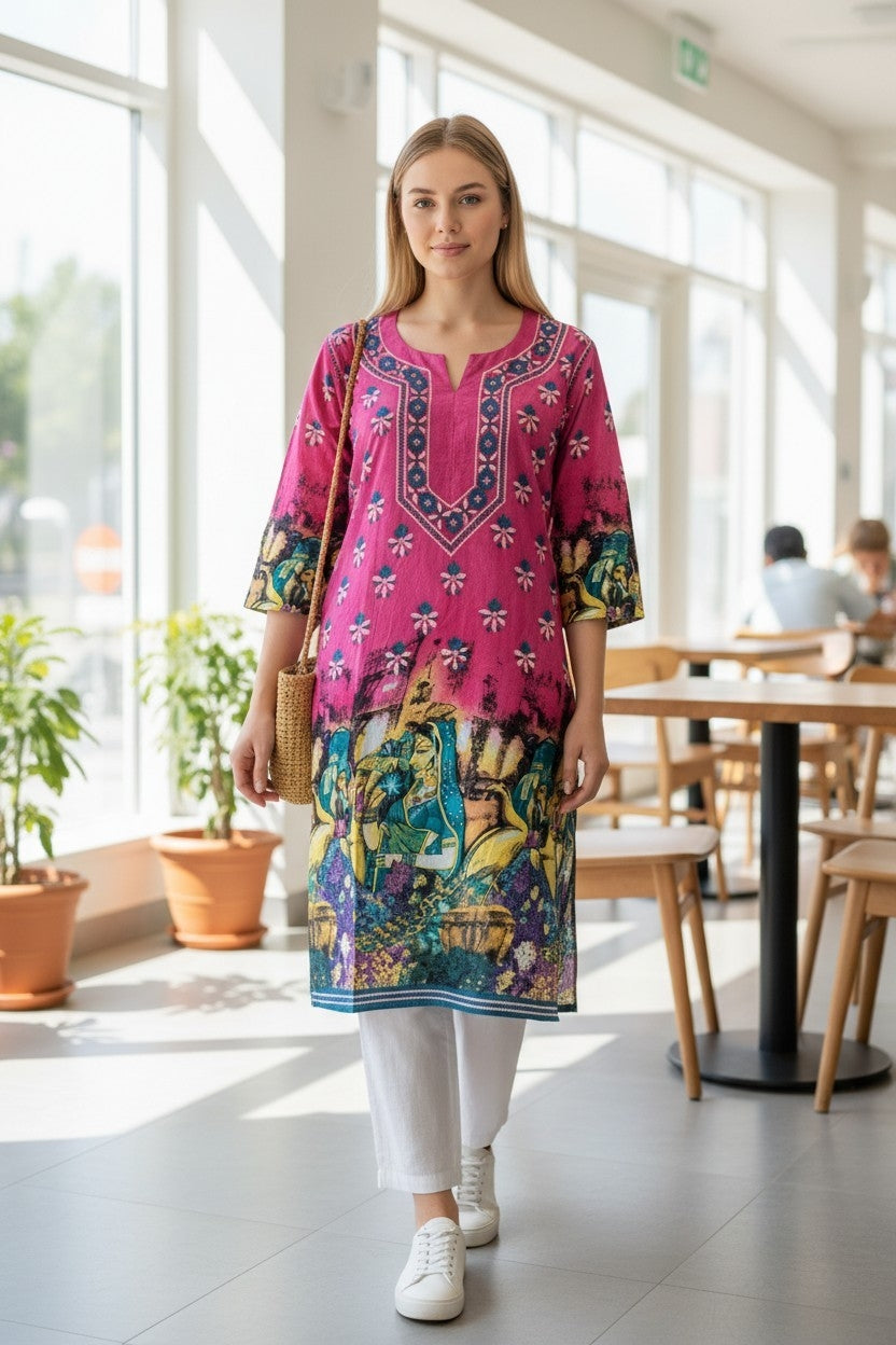 Pure Cotton Lucknowi Chikankari 40" Long Kurti | 100% Hand Embroidered | Non-Transparent | No Shrinkage