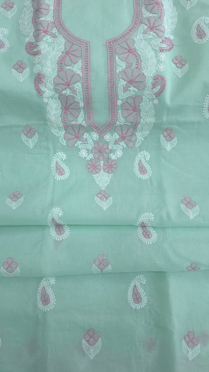 Paridhan Chikan Premium Cool Cotton Chikankari Dress Material Set with Hand Embroidered Kurta, Bottom & Chiffon Dupatta with Handmade Crochet Border