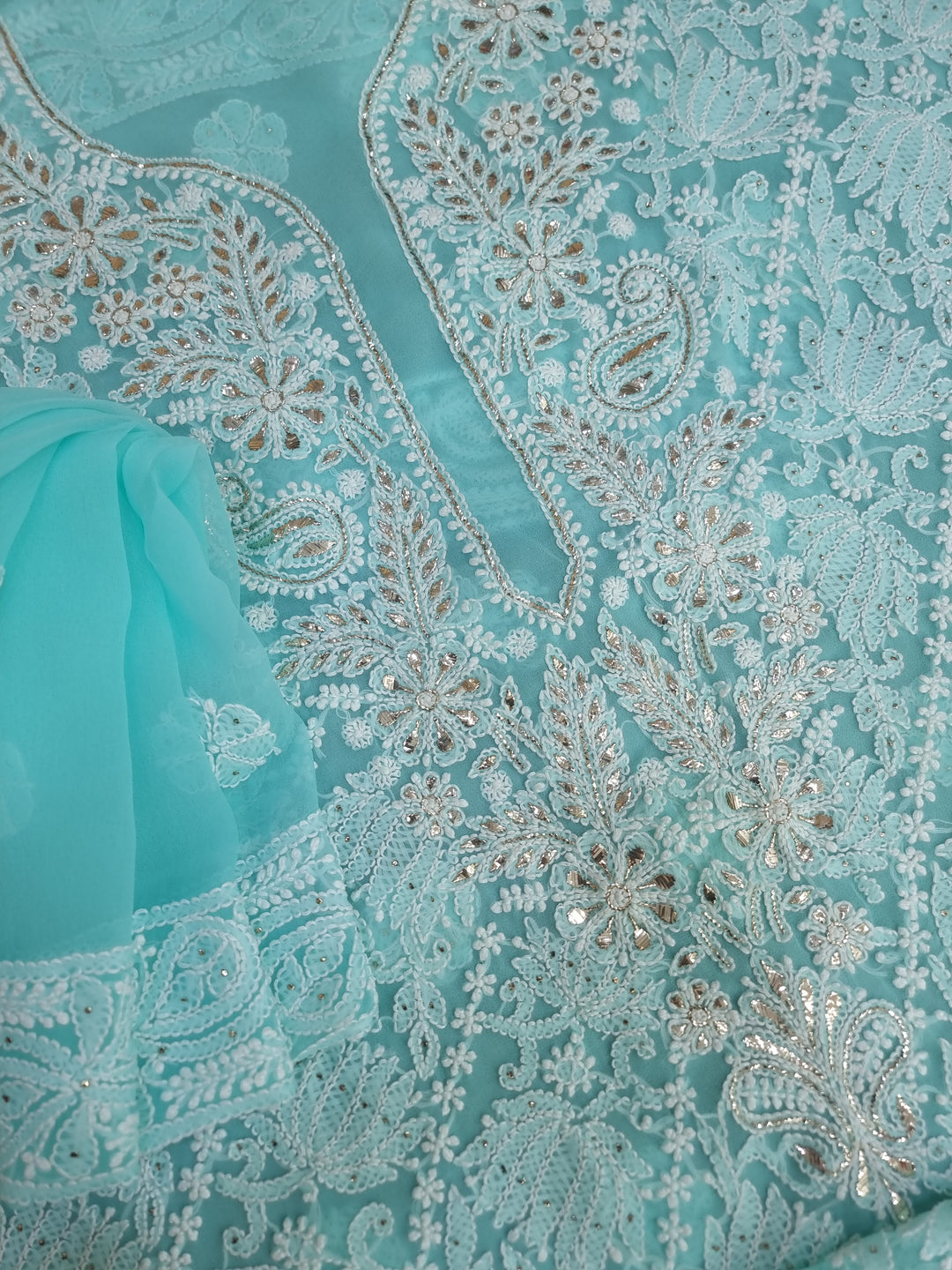 Mukesh Kaamdani Georgette Chikankari Hand Embroidery Dress Material - Sea Green