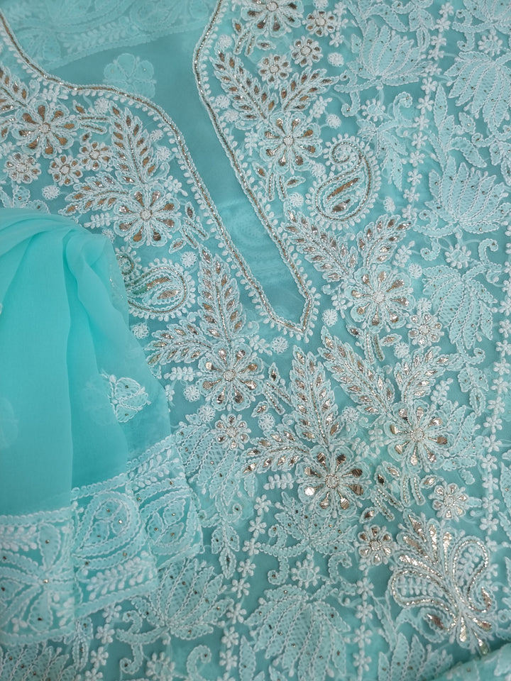 Mukesh Kaamdani Georgette Chikankari Hand Embroidery Dress Material - Sea Green