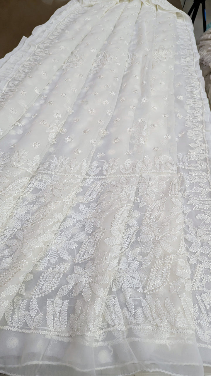 Faux Georgette Hand Chikankari Saree with Exclusive Border & Palla Design | Embroidered Blouse Included | Authentic Lucknow Handicraft by Paridhan Chikan
