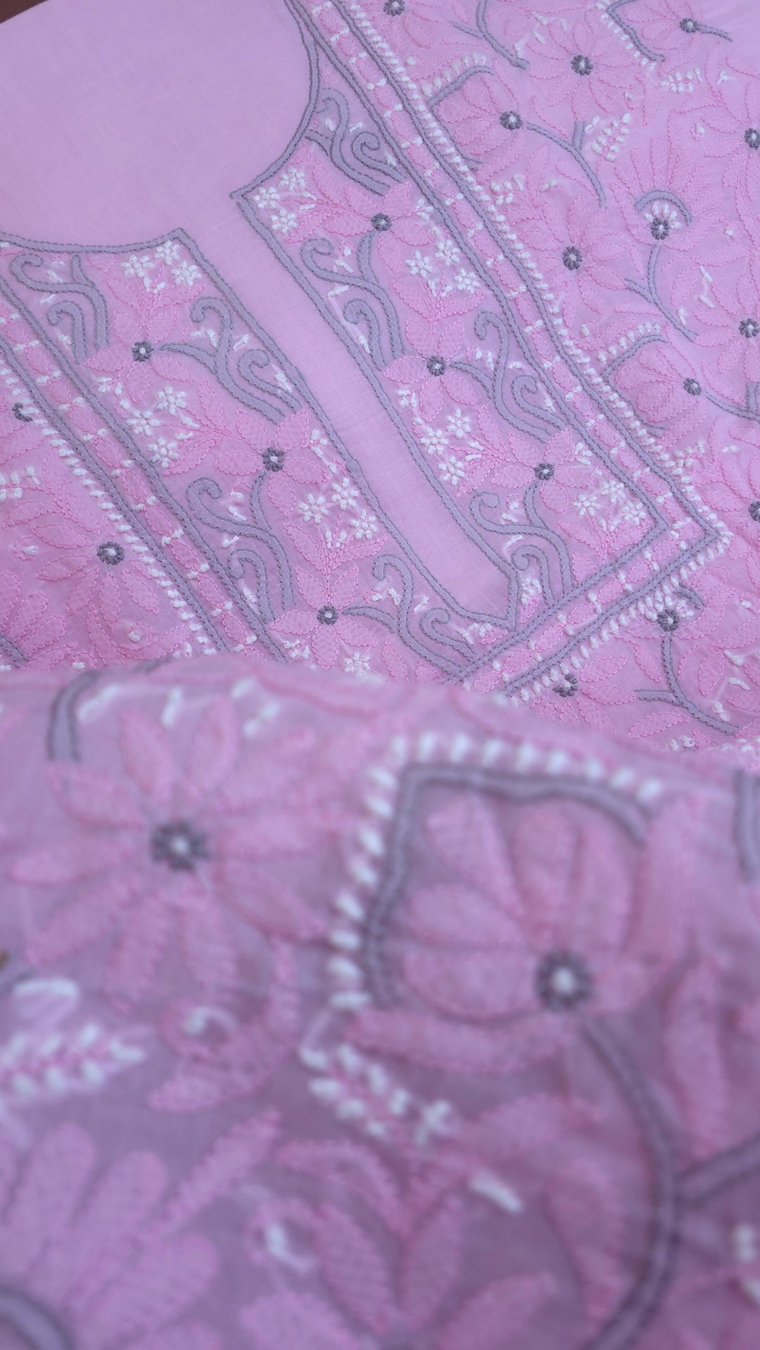 Lucknow Chikankari Hand Embroidered Cotton Dress Material with Tri-Color Motifs & Pure Chiffon Dupatta
