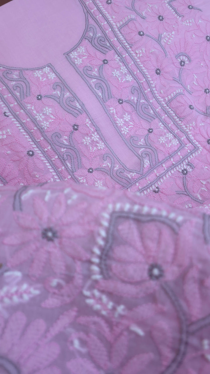 Lucknow Chikankari Hand Embroidered Cotton Dress Material with Tri-Color Motifs & Pure Chiffon Dupatta