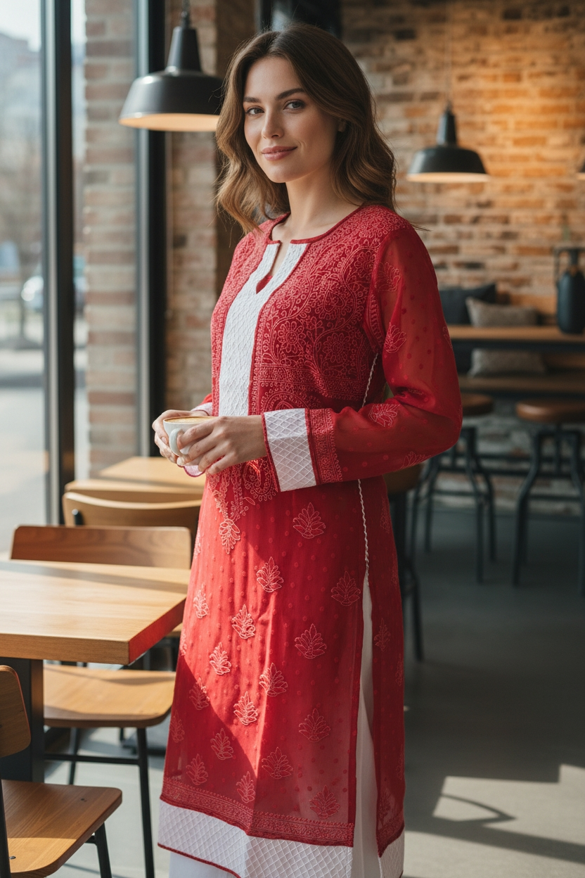 Women’s Georgette Chikankari Kurti – Designer Hand Embroidered Lucknowi Craft by Paridhan Chikan