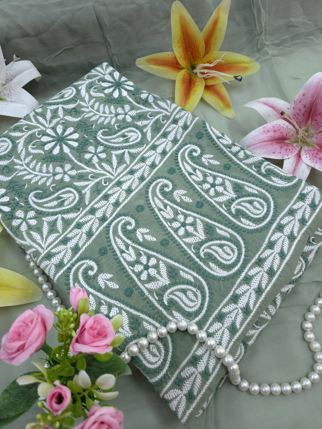 " Lucknowi Chikankari Unstitched Cotton Suit Set – Kurta, Bottom & Dupatta by Paridhan Chikan"
