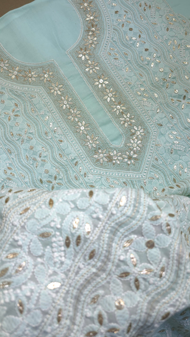 Sea Green Unstitched Soft Cotton Chikankari Suit Set – Aari, Kasab & Patti Embellished Gotta with Pure Chiffon Dupatta