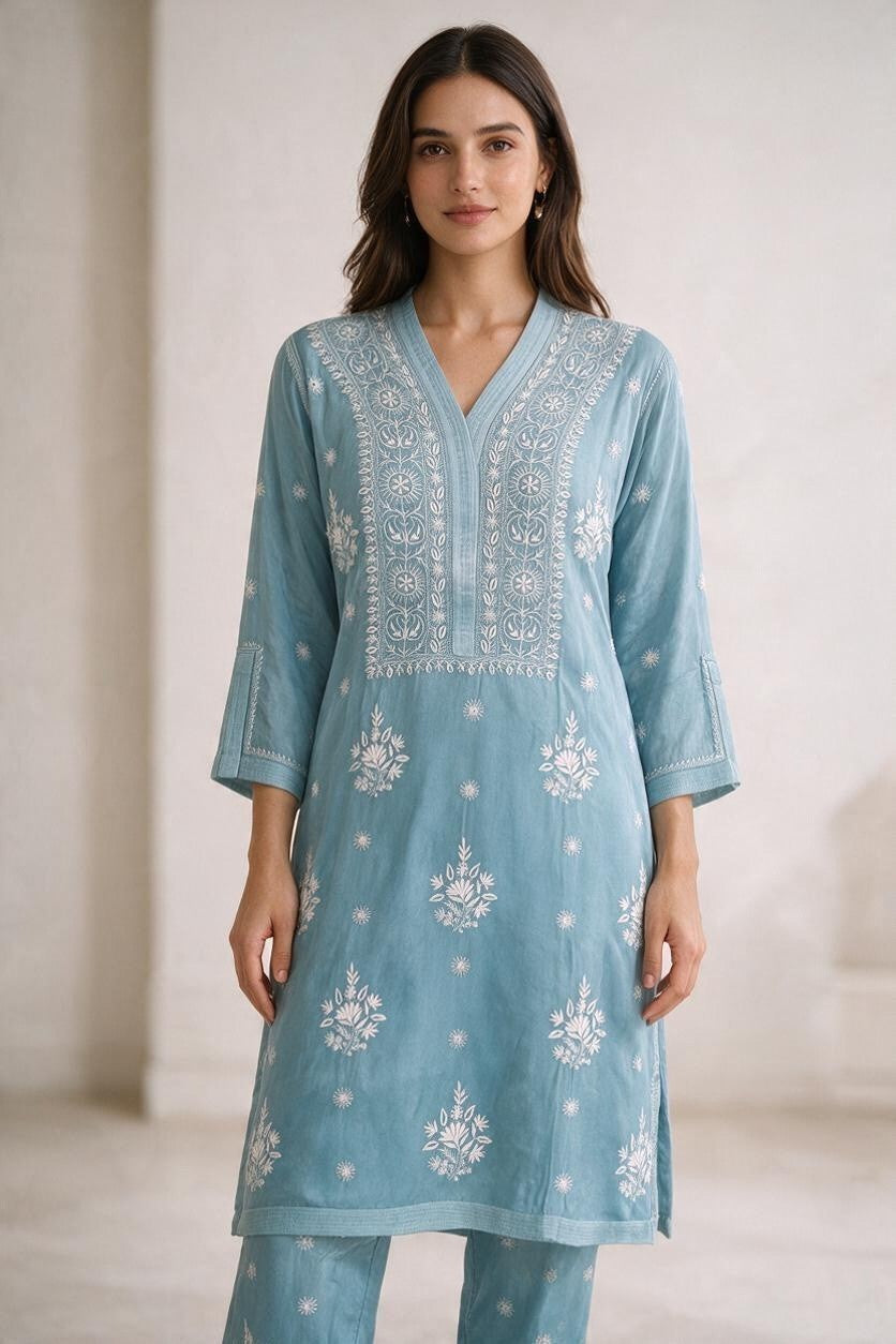 Luxe-Pure Modal satin luxurious kurti pants set with *2 taar chikankari work*