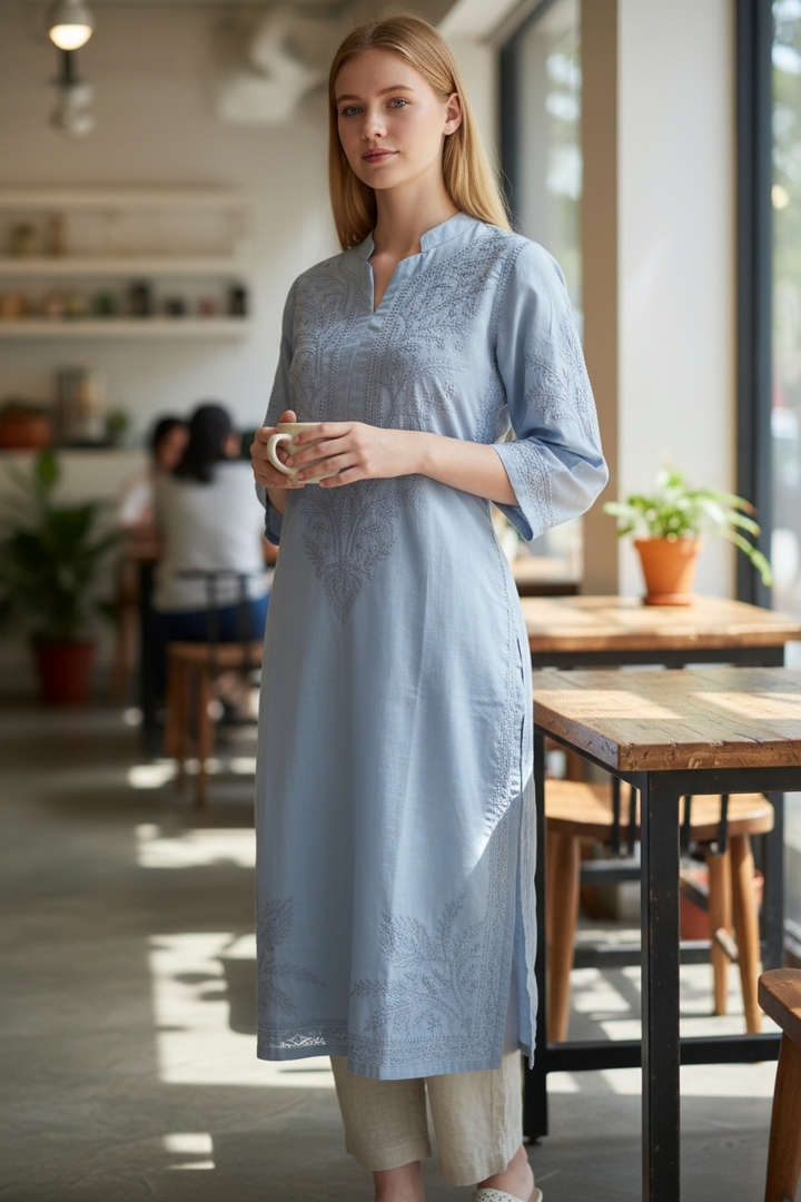 Soft Cotton Chikankari Hand Embroidered Kurti for Women | Premium Soft & Non-Transparent Fabric | 46 Inch Length | Lucknowi Chikan Kurta