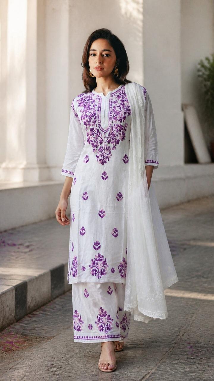 Ananya Rayon Colored Thread Chikankari Kurta Palazzo Dupatta Set | Lucknow Hand Embroidery | Paridhan Chikan