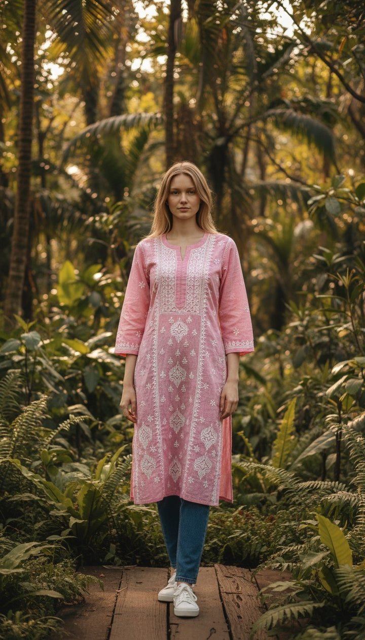 Hand Embroidery Chikankari Linen Kurti - Pink