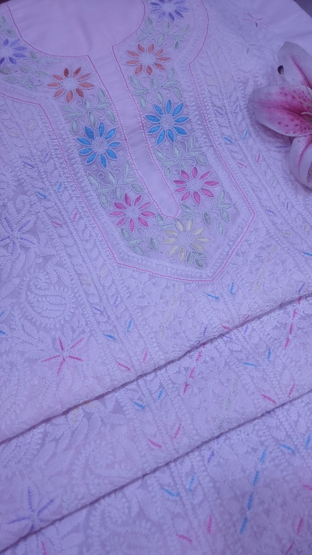 Cotton Resham Neckline chikankari dress material- Baby Pink