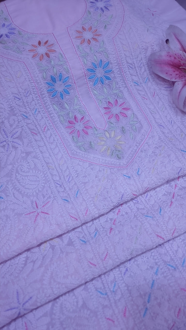 Cotton Resham Neckline chikankari dress material- Baby Pink
