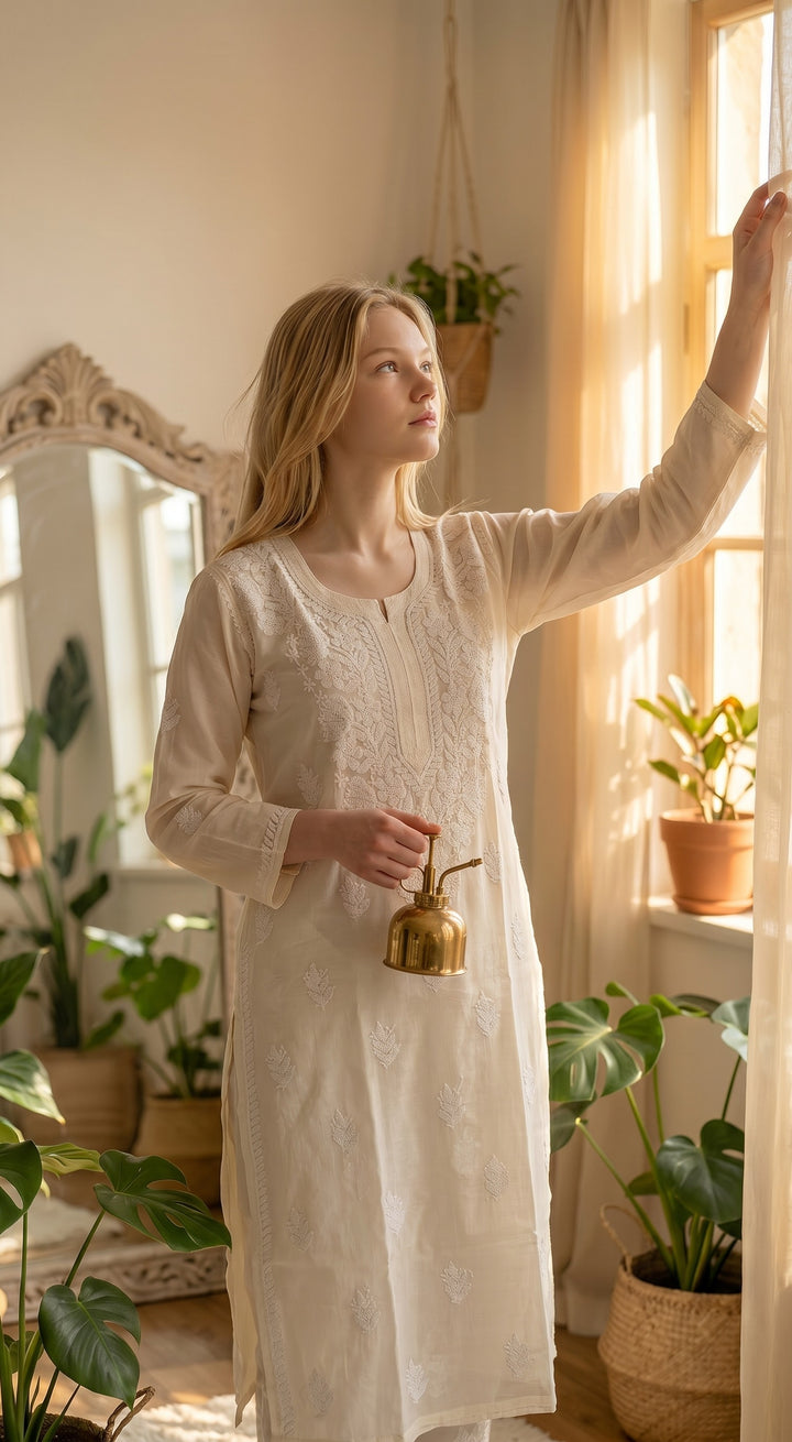 Elegant Cotton Chikankari Kurti for Women | Lightweight Hand Embroidered Office & Daily Wear Kurta