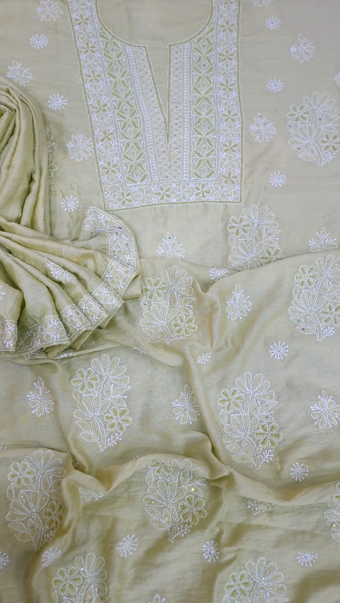 Lucknowi Chikankari Chanderi Fabric – Hand-Embroidered Kurta & Dupatta with Pearl, Resham & Badla Work