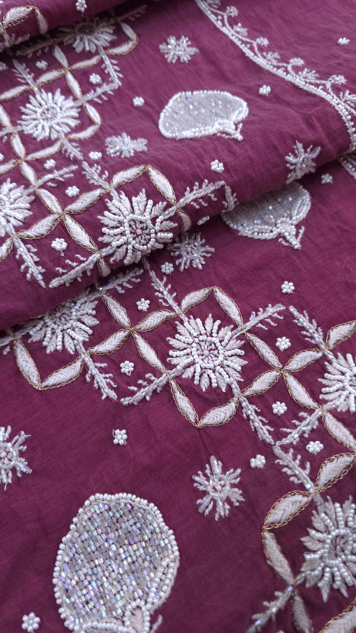 Premium Mul Chanderi Pearl, Cutdana & Kasab Hand Embroidered Unstitched Suit Set