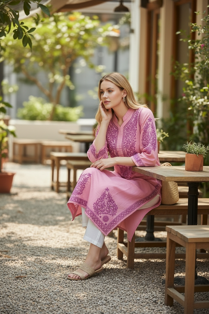 Soft Cotton Chikankari Hand Embroidered Kurti for Women | Premium Soft & Non-Transparent Fabric | 46 Inch Length | Lucknowi Chikan Kurta