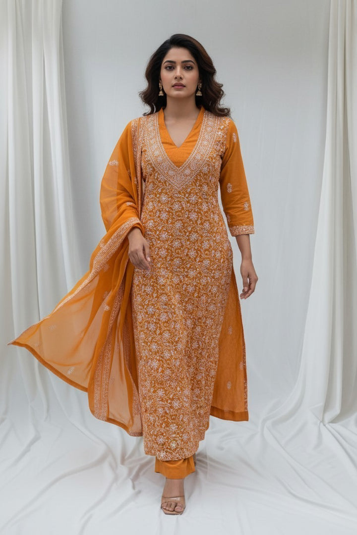 Unstitched Georgette Chikankari Dress Material | Hand Embroidered Kurta, Bottom & Dupatta