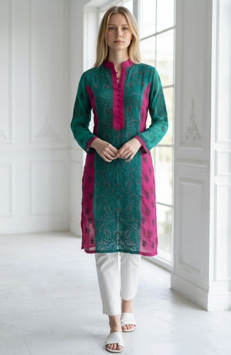 Dual Shade Georgette Lucknowi Chikankari Kurti – Hand Embroidered 48" approx long with Shadow & Murri Work, Exclusive Design