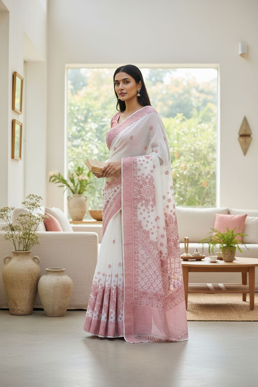 Hand Embroidered Chikankari Banarasi Silk Saree with Intricate Border & Palla Pattern – Includes  Blouse | Paridhan Chikan