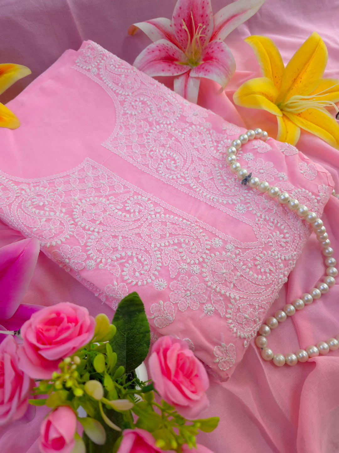 Darz Lucknowi Chikankari  Dress Material – Handmade Cotton Suit with Chiffon Dupatta