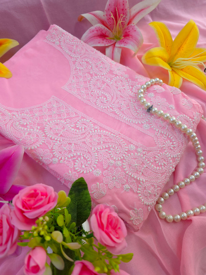 Darz Lucknowi Chikankari  Dress Material – Handmade Cotton Suit with Chiffon Dupatta