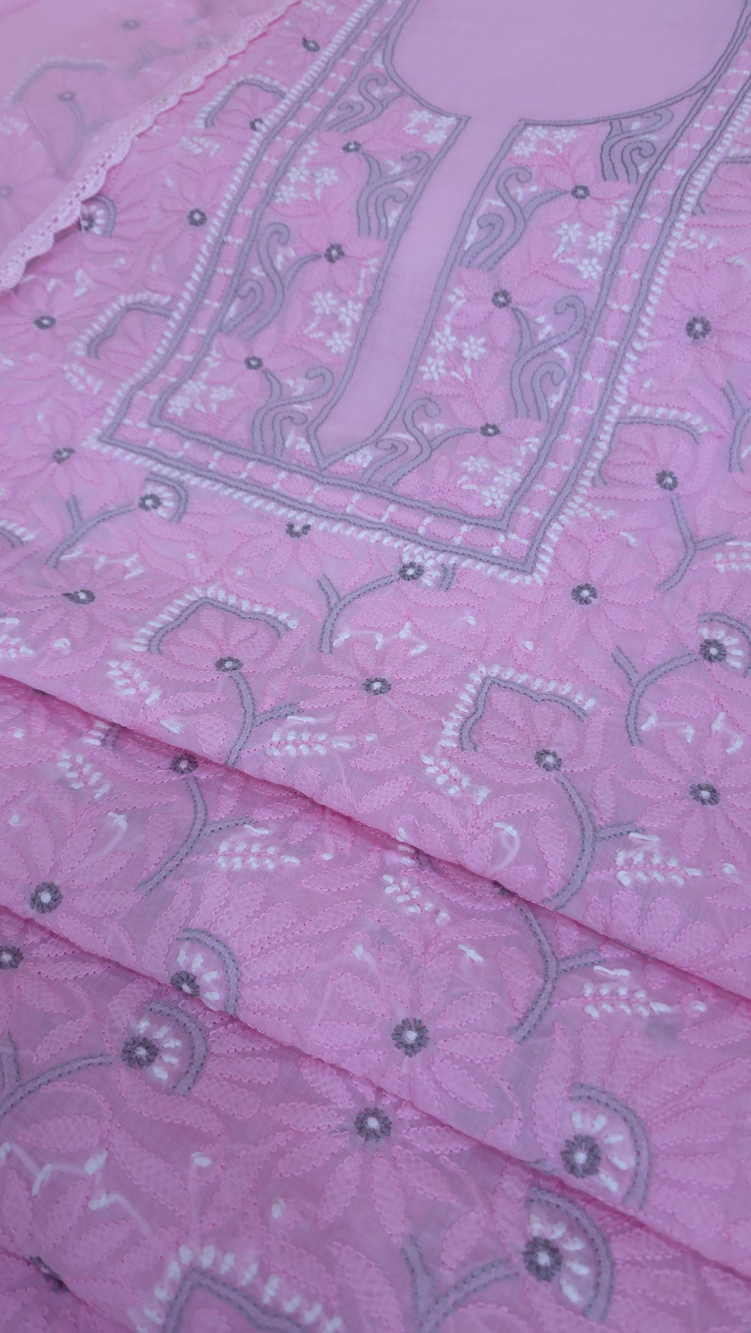 Lucknow Chikankari Hand Embroidered Cotton Dress Material with Tri-Color Motifs & Pure Chiffon Dupatta