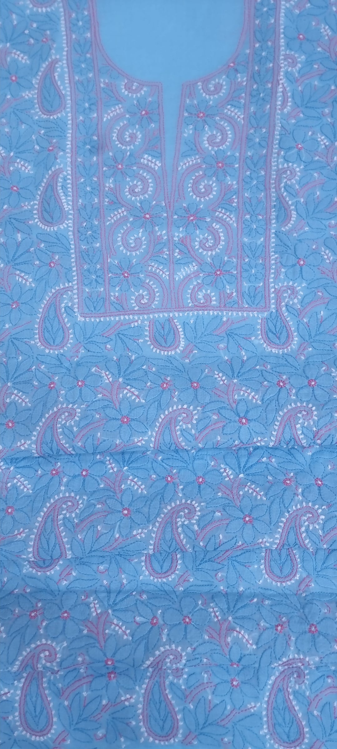 Lucknow Chikankari Hand Embroidered Cotton Dress Material with Tri-Color Motifs & Pure Chiffon Dupatta