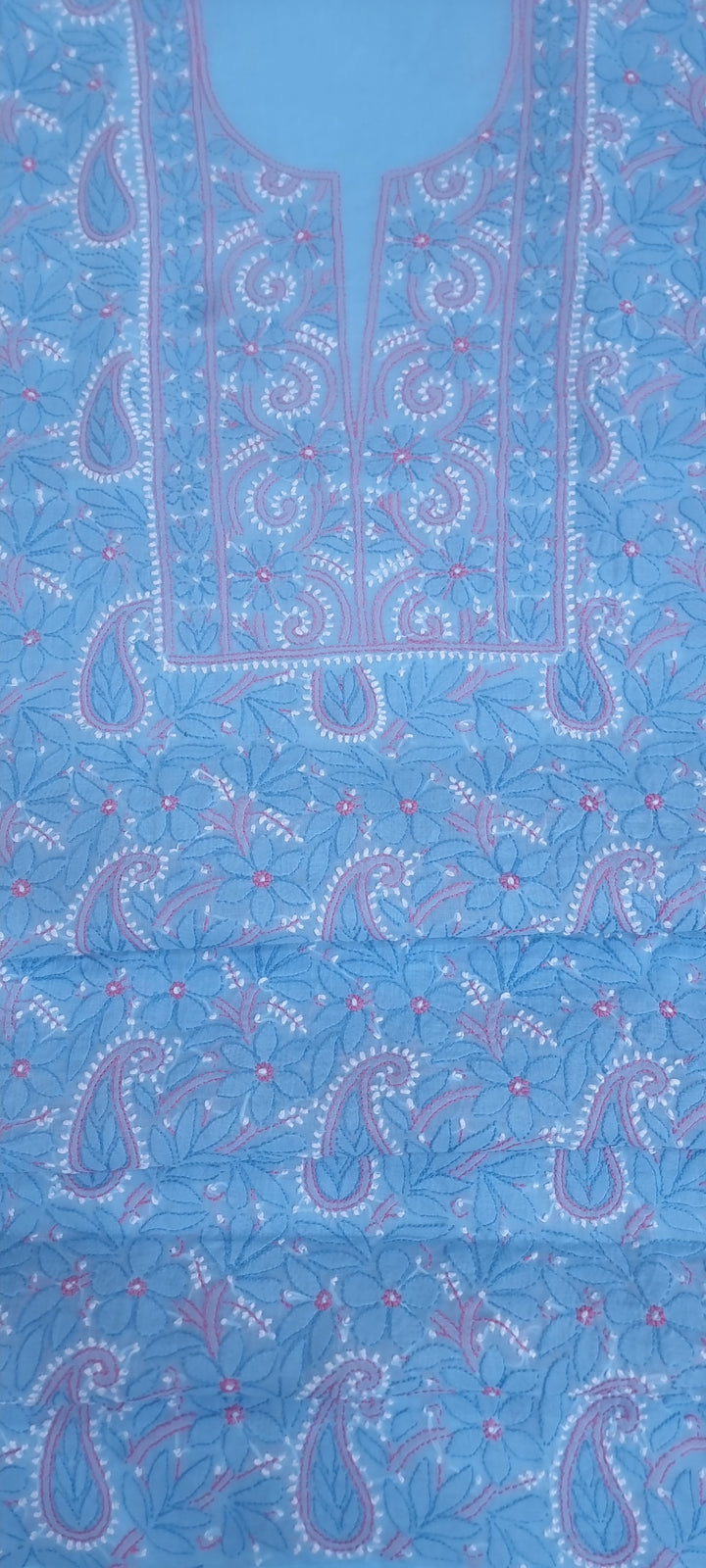Lucknow Chikankari Hand Embroidered Cotton Dress Material with Tri-Color Motifs & Pure Chiffon Dupatta