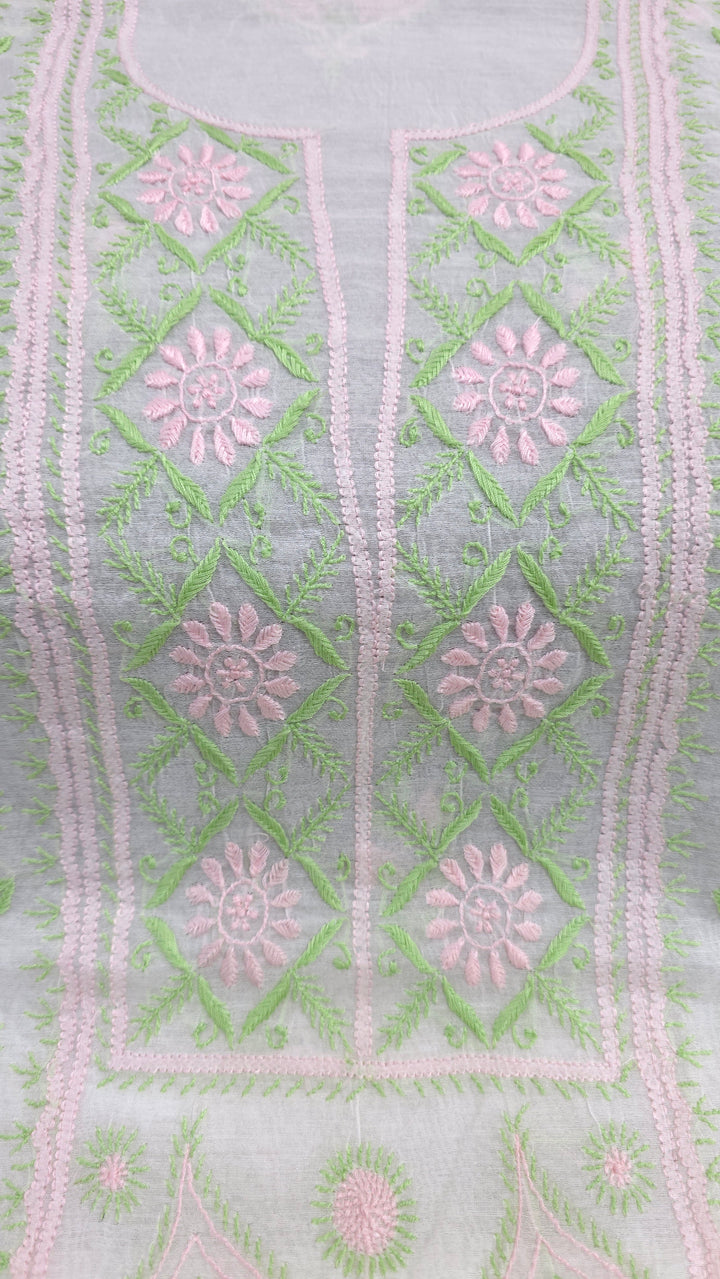 Pure Mul Chanderi 2 Taar Hand Embroidered Chikankari Unstitched Kurta (3 M) with Dupatta (2.5 M) – Lucknowi Festive Collection