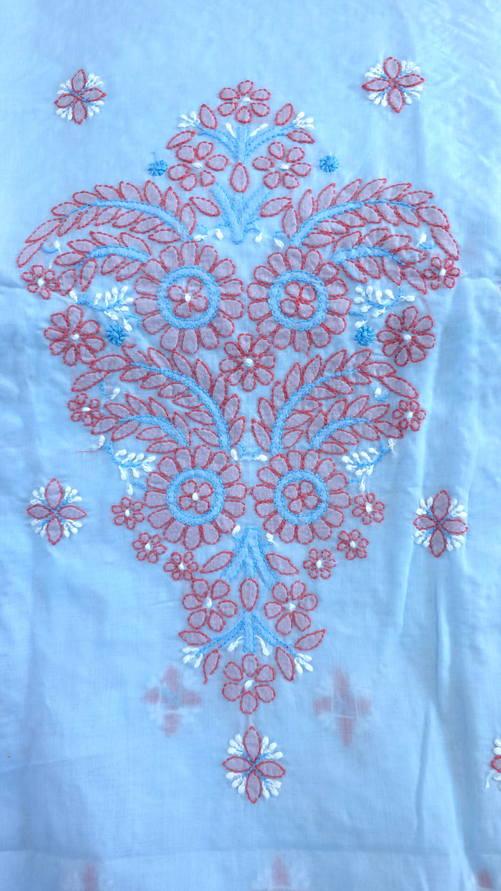 Lucknow Chikankari Hand Embroidered Cotton Dress Material with Tri-Color Motifs & Pure Chiffon Dupatta