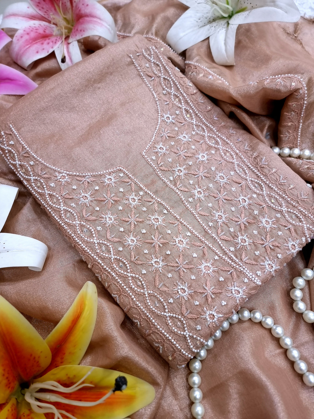 Soft Tissue Chikankari Unstitched Dress Material | 3 Taar Hand Embroidery with Pearl & Cutdana Work + Golden Border Dupatta